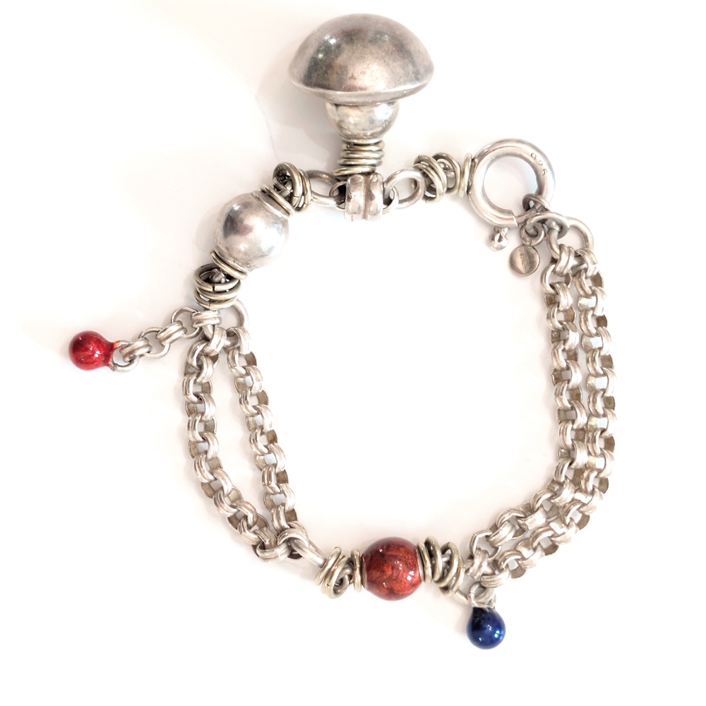 Silver Chain Bracelet with Red and Blue Accents